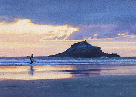 A painting of a surfer on Crantock beach, Cornwall on a summer's evening with Goose Rock beyond by Margaret Heath.